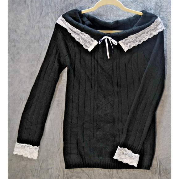 Unbranded Sweaters - Black Knit Lace Trim Sweater Bow Detail Pullover Long Sleeve L Acrylic Cottageco